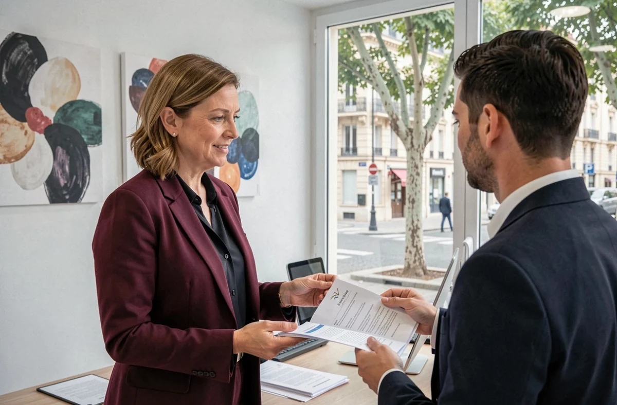 Recruteuse Abalone Agence d'Emplois Aix-en-Provence présentant des offres d'emploi à un candidat face aux boulevards historiques