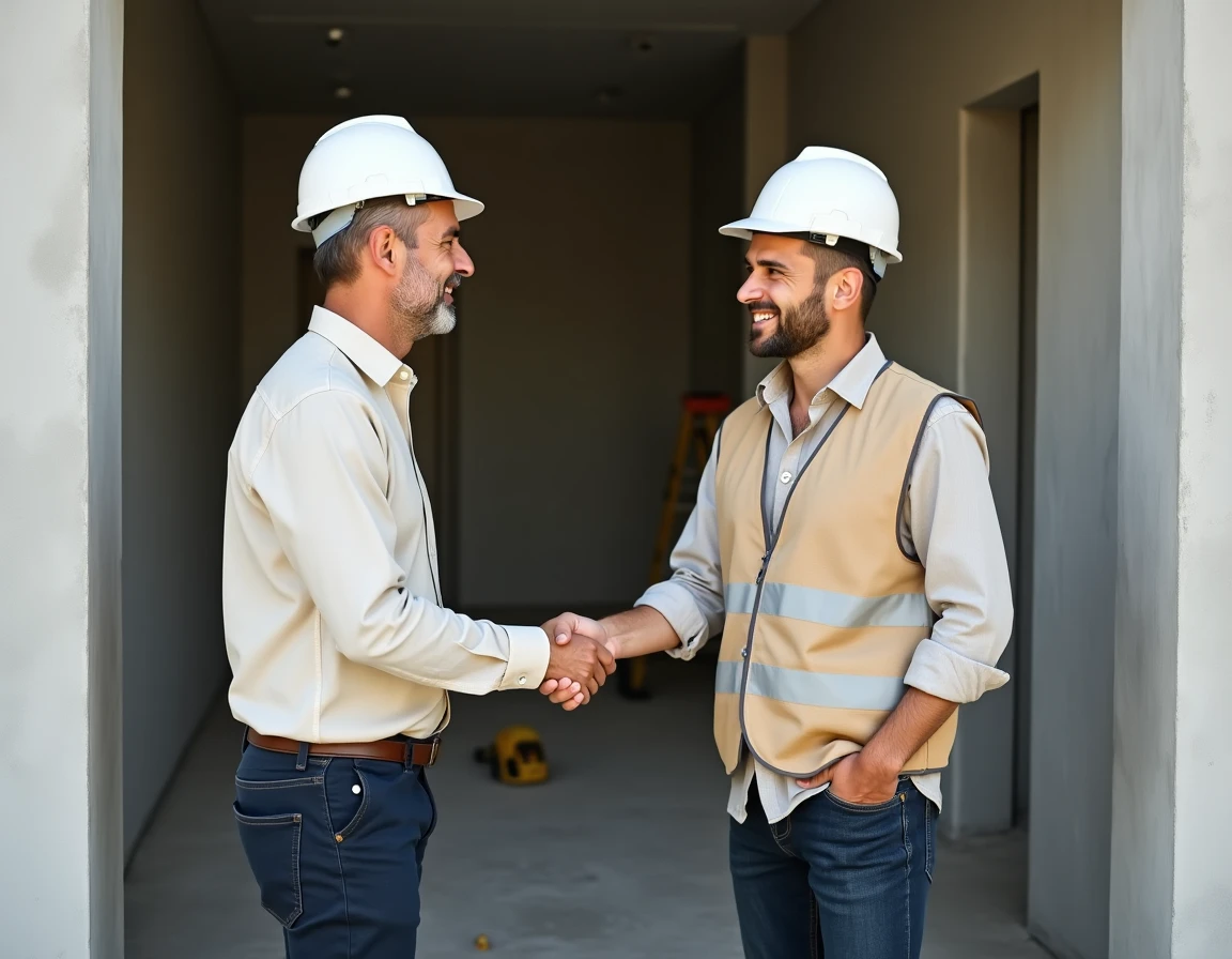 Poignée de main entre un client et un chef de projet BTP à la fin d'un chantier sans litige bien géré