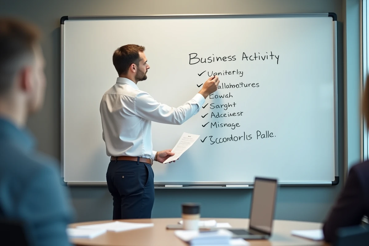 Professionnel inscrivant les catégories d'activités commerciales sur un tableau blanc lors d'une réunion d'entreprise