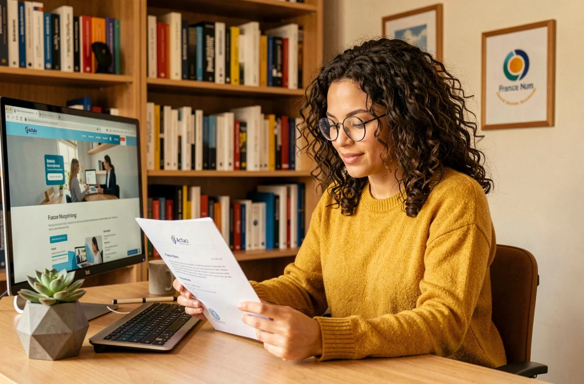 Chargée de projet digitale chez Actuko, agence référencée France Num, révisant une certification numérique dans son bureau