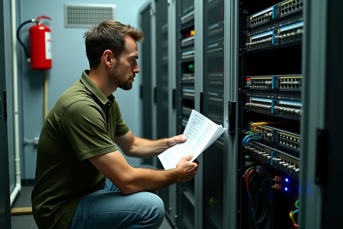 Administrateur réseau inspectant un panneau de brassage dans une armoire de télécommunications