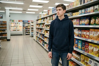Adolescent debout dans un rayon de supermarché, expression anxieuse, illustration du vol en magasin chez les mineurs