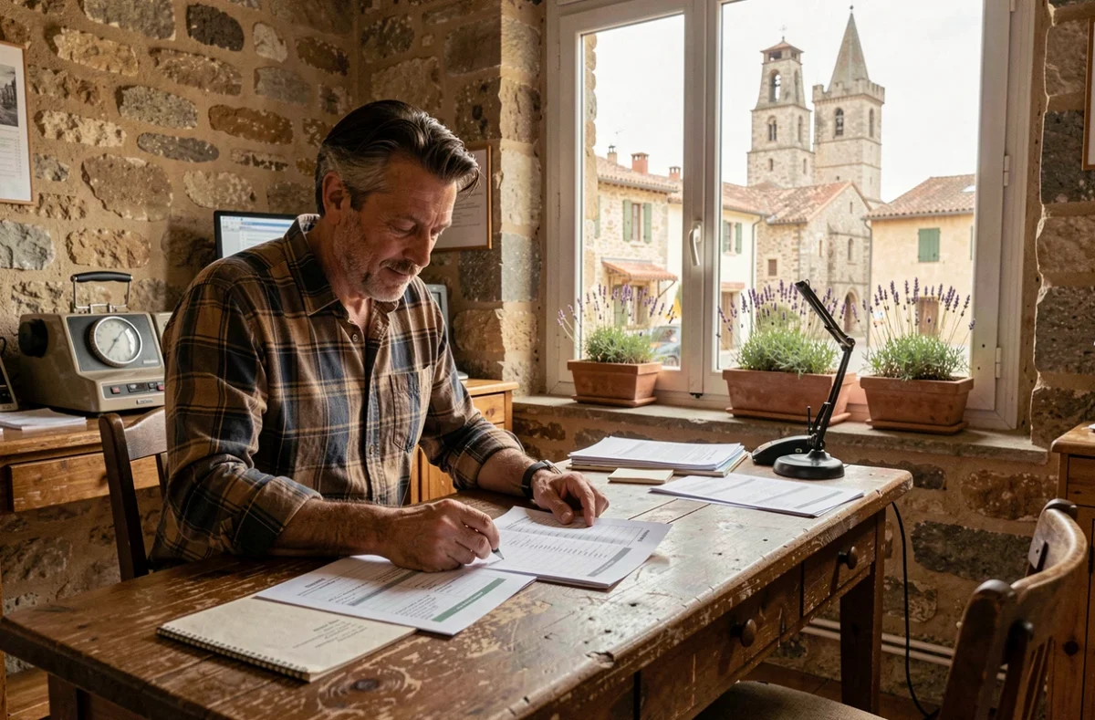 Spécialiste Adwork's Valréas consultant des plannings de mission dans un bureau avec vue sur la place médiévale du village