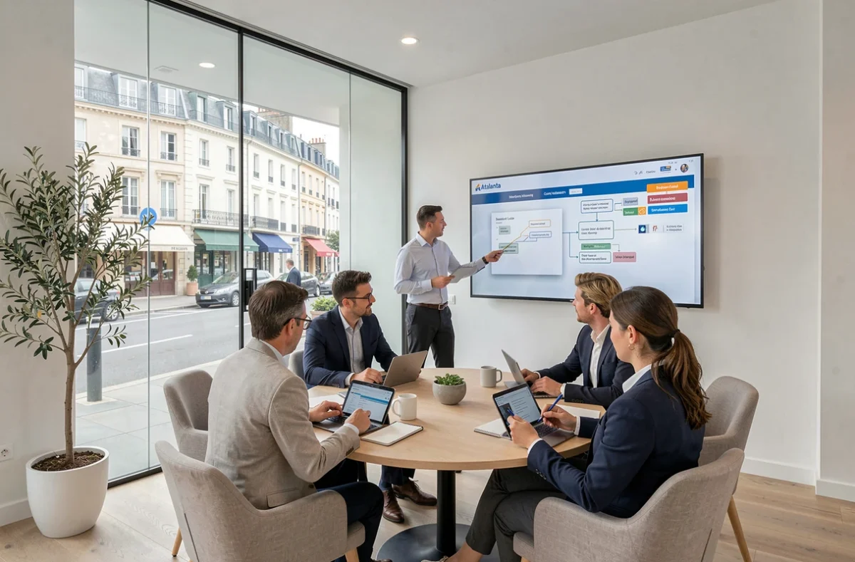 L'équipe de l'agence Atalanta en Maine-et-Loire lors d'une présentation de stratégie SEO et marketing de contenu dans une salle de réunion moderne