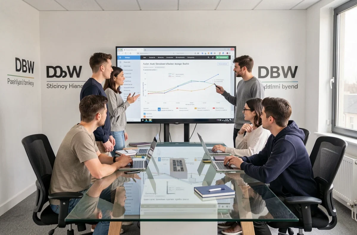 L'équipe de l'agence DBW réunie autour d'un écran affichant un audit SEO et une analyse de backlinks dans leurs bureaux modernes