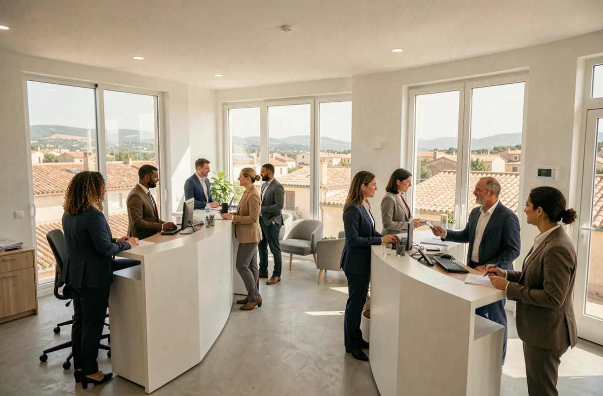 Bureau d'une agence d'intérim en Provence-Alpes-Côte d'Azur avec candidats et recruteurs en interaction