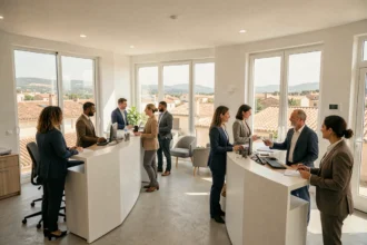 Bureau d'une agence d'intérim en Provence-Alpes-Côte d'Azur avec candidats et recruteurs en interaction