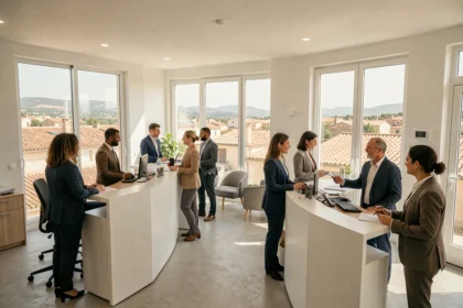 Bureau d'une agence d'intérim en Provence-Alpes-Côte d'Azur avec candidats et recruteurs en interaction