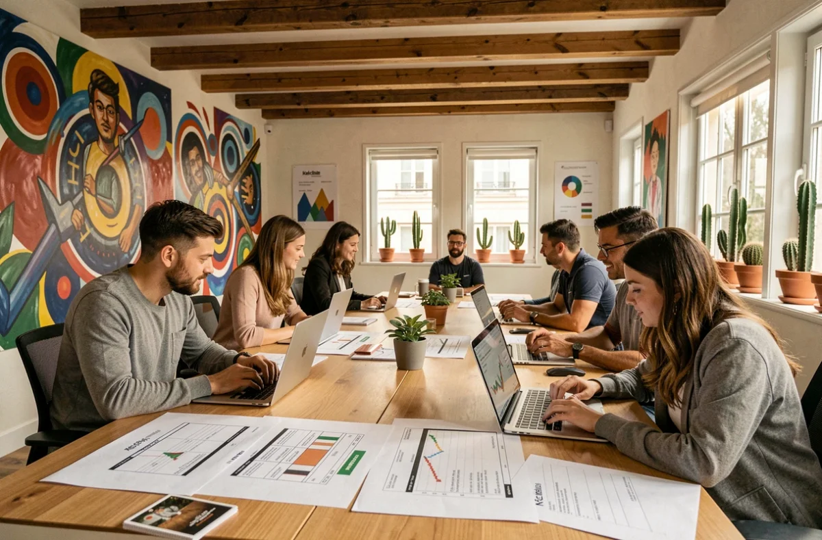 L'équipe de l'agence Kelcible collaborant autour d'une table couverte de plans de stratégie SEO et de wireframes dans un studio créatif en Maine-et-Loire