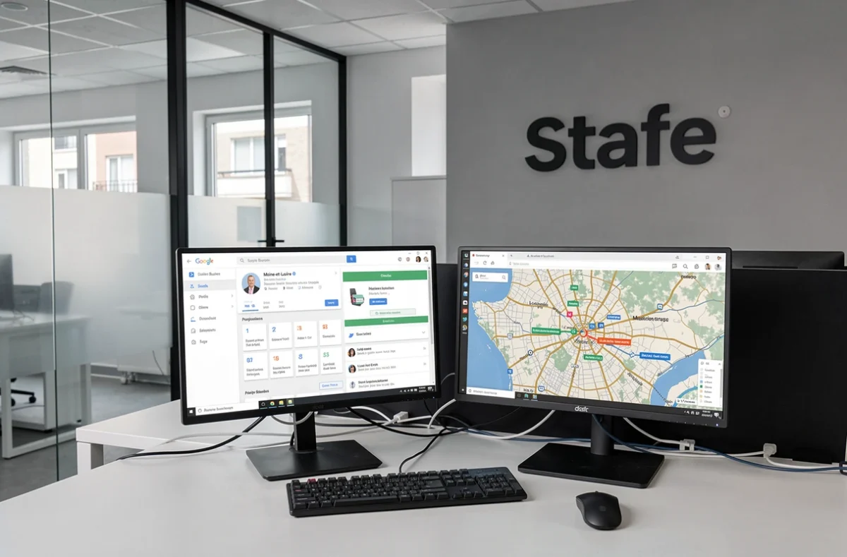 Poste de travail de l'agence Stafe affichant un tableau de bord d'optimisation Google Business Profile et une carte de positionnement SEO local en Maine-et-Loire