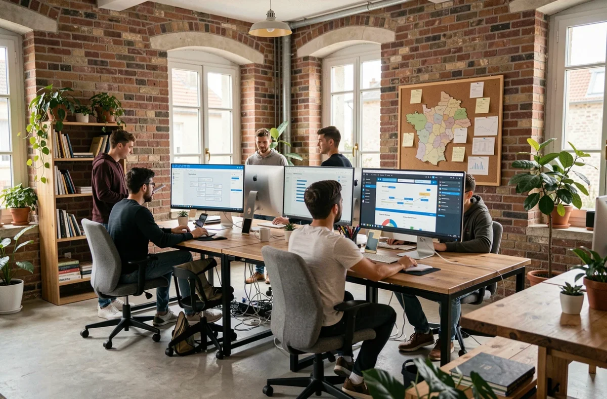 Vue d'ensemble d'une agence de création de sites internet dans les Deux-Sèvres avec des professionnels au travail sur des projets web