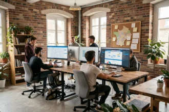 Vue d'ensemble d'une agence de création de sites internet dans les Deux-Sèvres avec des professionnels au travail sur des projets web