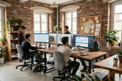 Vue d'ensemble d'une agence de création de sites internet dans les Deux-Sèvres avec des professionnels au travail sur des projets web