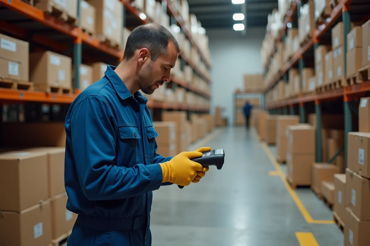 Agent logistique scannant un colis dans un entrepôt de distribution de colis en banlieue parisienne