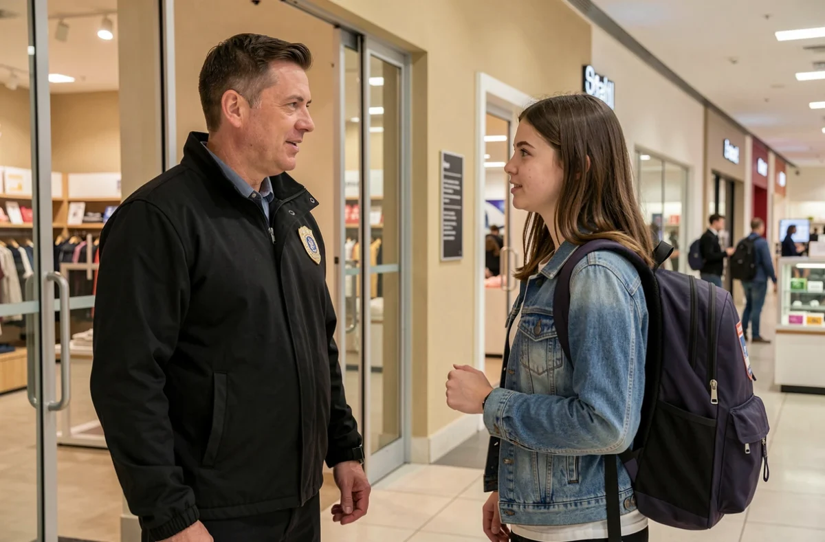 Agent de sécurité interpellant une adolescente à l'entrée d'un magasin, contexte de vol en magasin et droits des mineurs