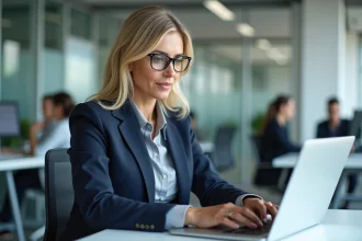 Responsable RH féminine ajoutant un nouvel utilisateur employeur sur un logiciel RH depuis son bureau en open space