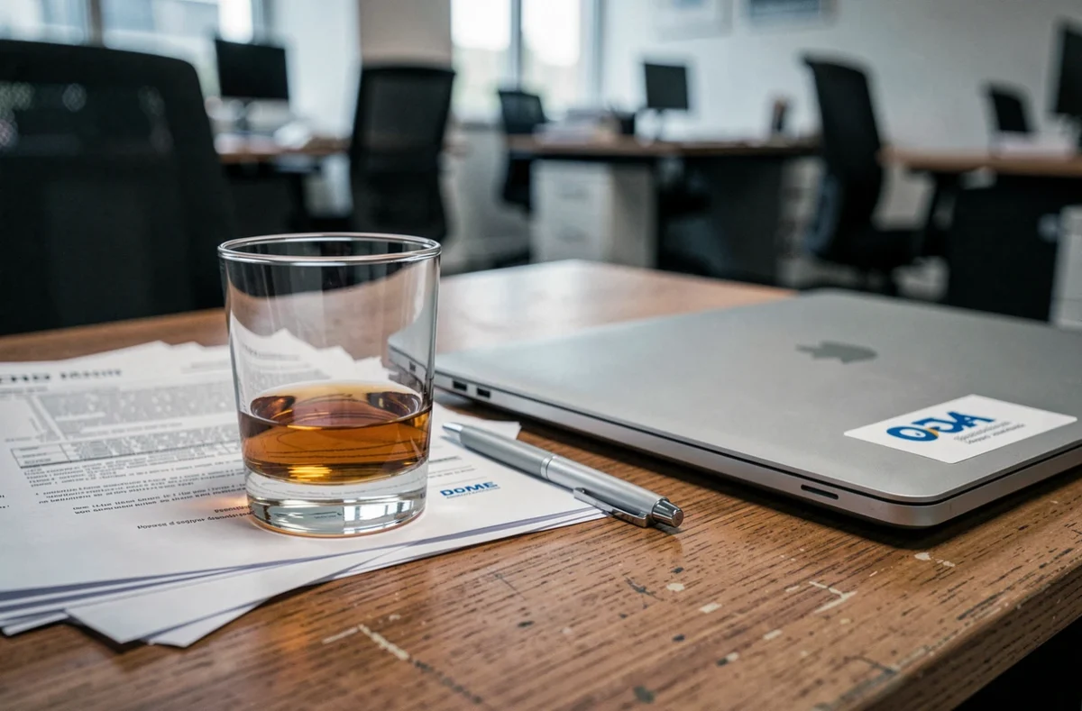 Verre de whisky posé sur un bureau professionnel avec des documents de travail, symbolisant la problématique de la consommation d'alcool en milieu de travail