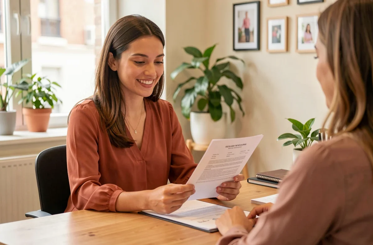 Consultante Amalo Recrutement en entretien bienveillant avec un candidat dans un bureau chaleureux