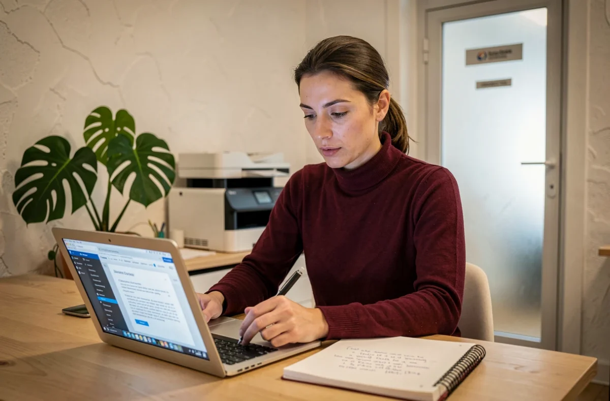 Une professionnelle analyse un contrat de sous-location de bureau en ligne sur un ordinateur portable dans un espace de coworking parisien, prenant des notes manuscrites