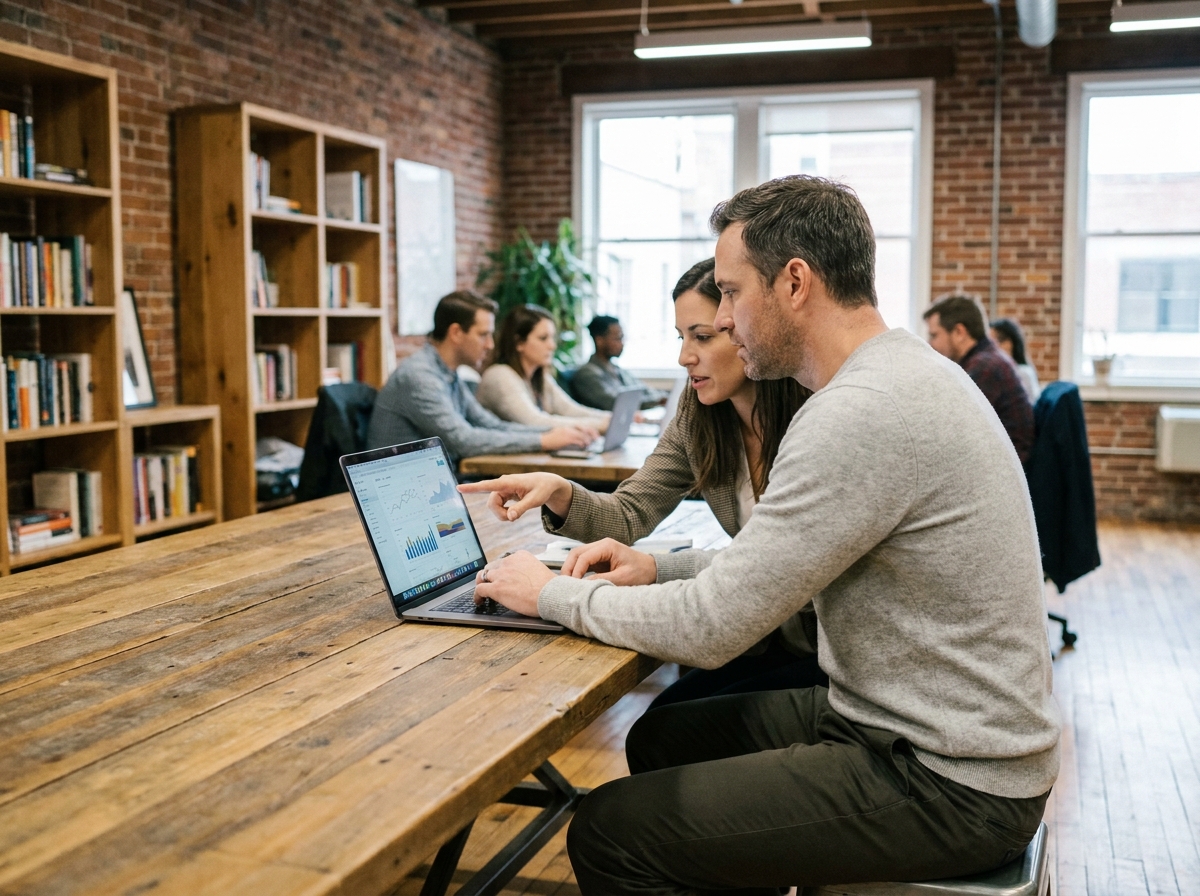 Gestionnaire de compte analysant des données clients sur ordinateur avec une cliente dans un espace de travail collaboratif