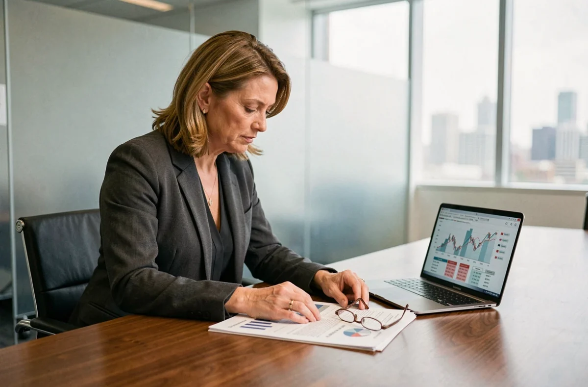 Femme cadre analysant des tableaux de remises commerciales et de chiffre d'affaires en réunion d'entreprise