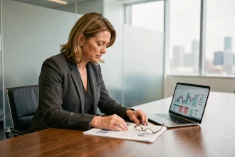 Femme cadre analysant des tableaux de remises commerciales et de chiffre d'affaires en réunion d'entreprise