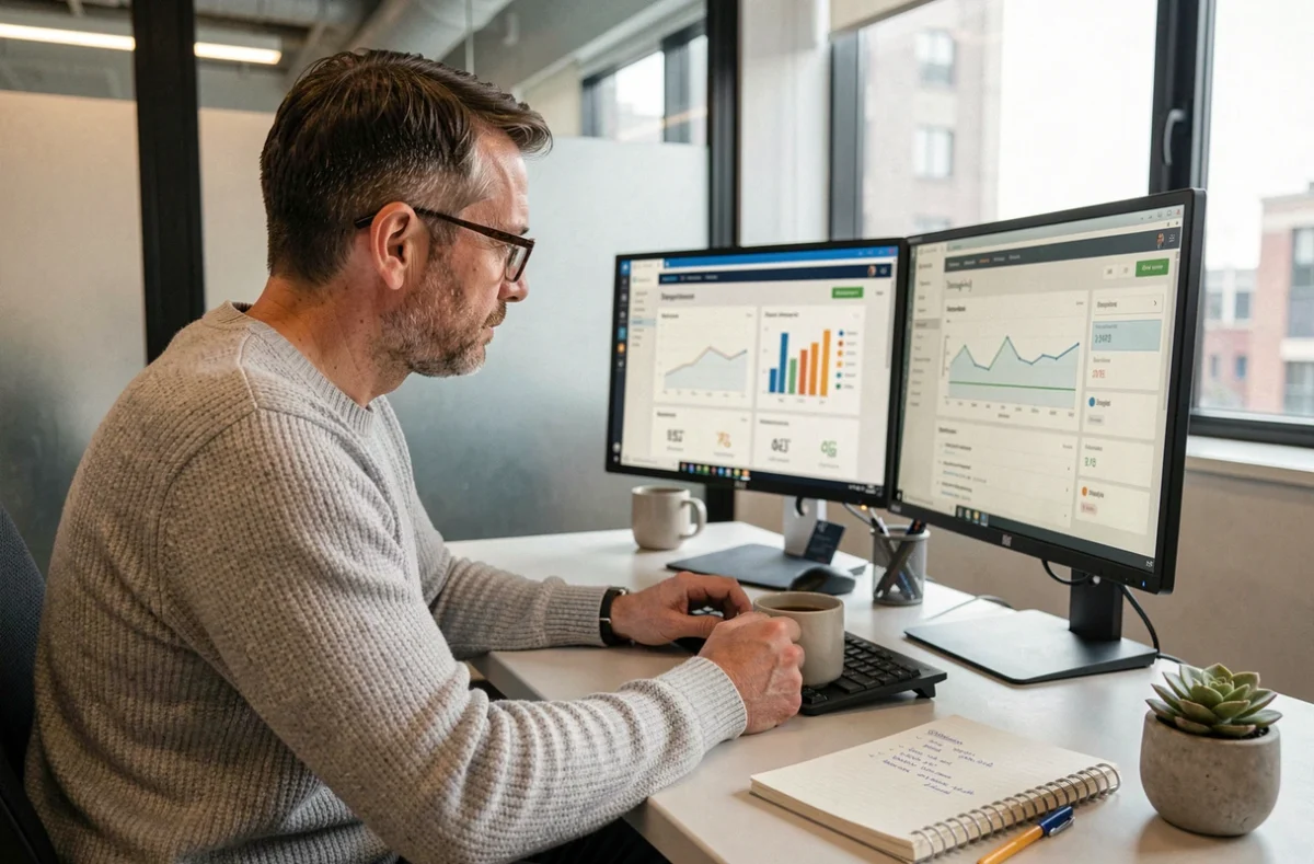 Professionnel analysant des tableaux de bord et des indicateurs de performance lors du suivi d'un déploiement progressif d'une solution numérique