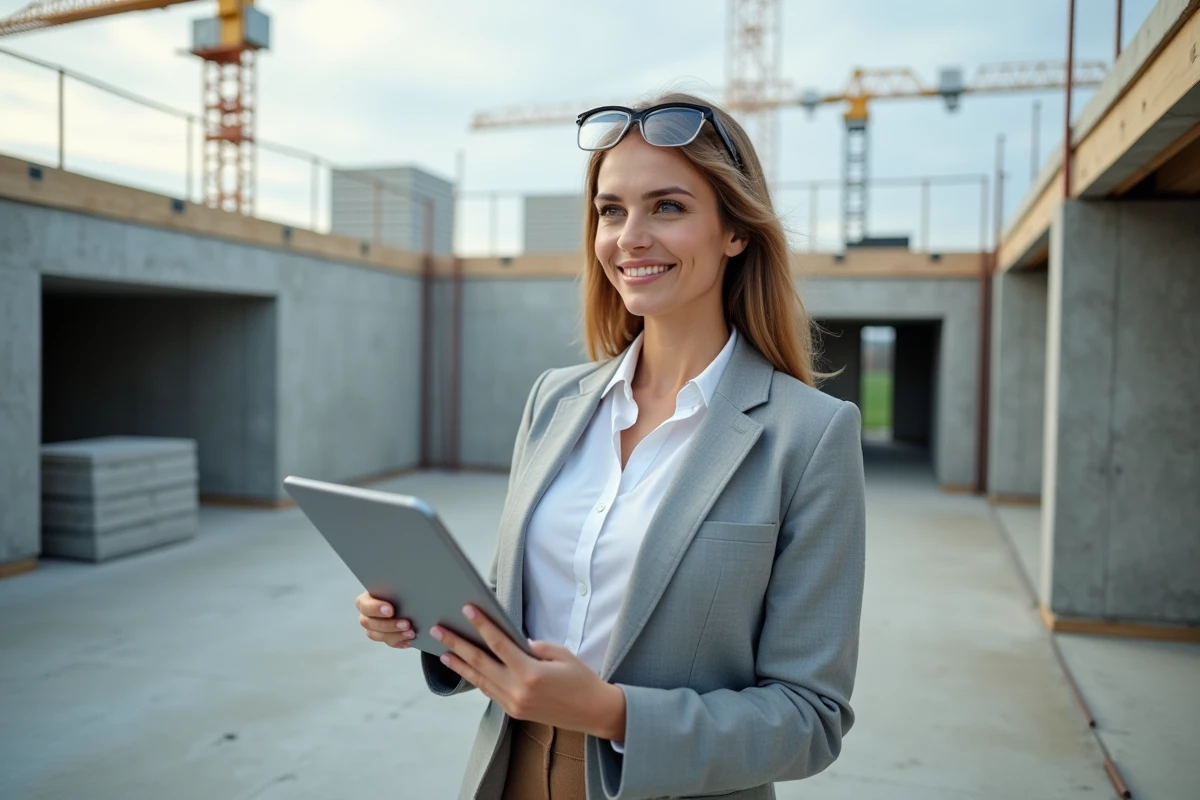 Architecte femme consultant une plateforme de devis BTP sur tablette sur un chantier de construction urbain
