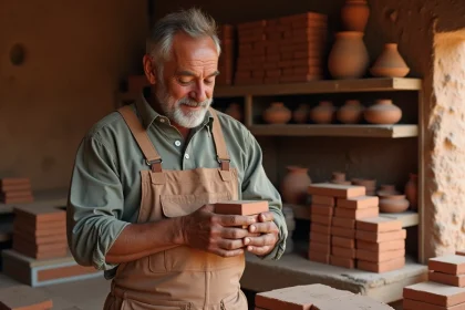 Artisan en travail argile examine une brique en terre cuite
