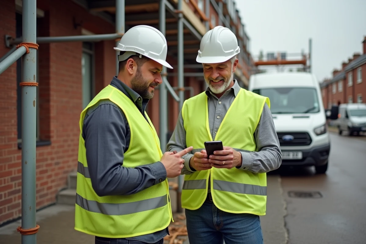 Deux artisans BTP consultant un devis en ligne sur smartphone devant un chantier de rénovation de façade