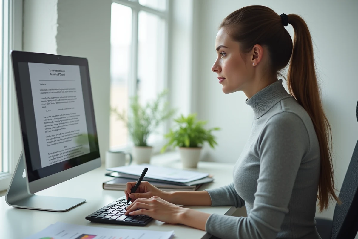 Assistante administrative apposant une signature électronique simple pour ordre sur un document numérique depuis un bureau à domicile