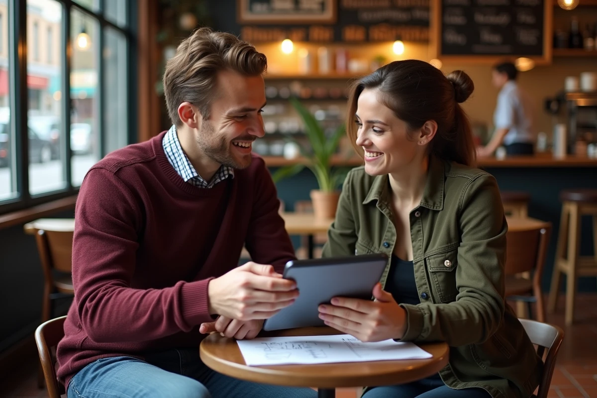 Deux associés discutant des frais de création d'entreprise et comparant les options Guichet unique INPI et Legalstart dans un café urbain