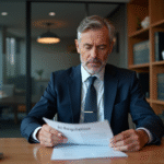 Avocat en costume bleu lisant un document sur la regulation IA