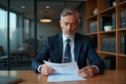 Avocat en costume bleu lisant un document sur la regulation IA