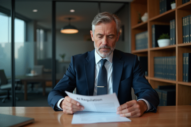Avocat en costume bleu lisant un document sur la regulation IA
