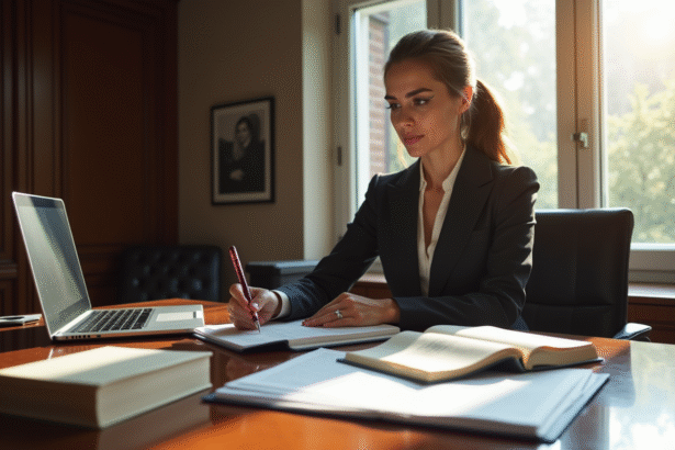 Avocate confiante dans un bureau élégant examine des documents juridiques