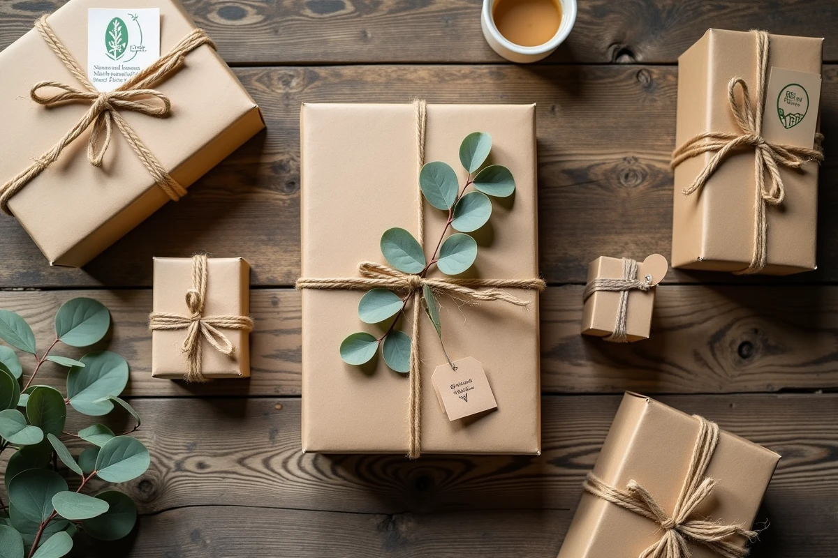 Flat lay de boites cadeaux éco-responsables en carton kraft avec étiquettes en papier grainé et rubans en jute sur bois recyclé
