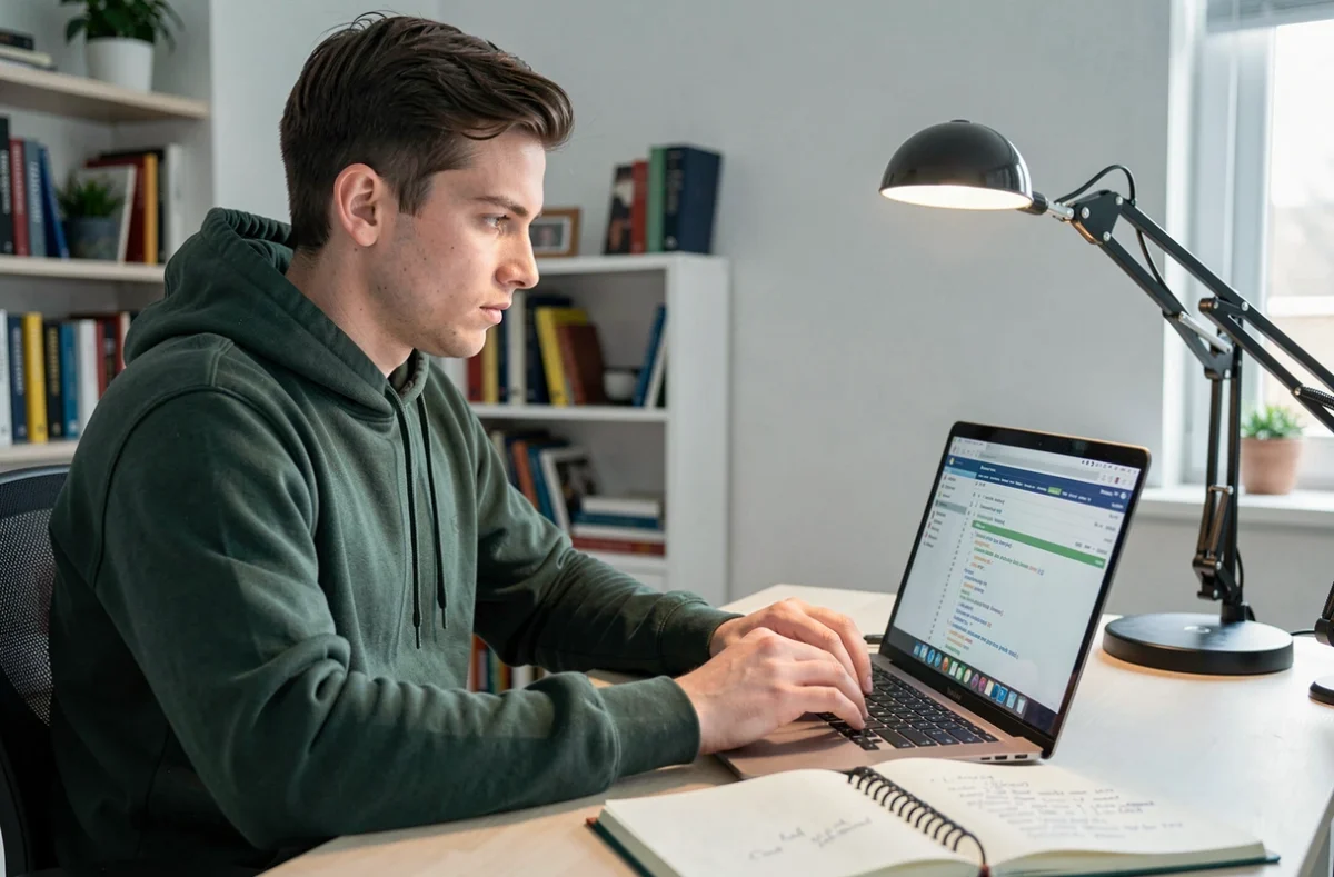 Brendan Doucen, consultant SEO freelance en Maine-et-Loire, concentré sur un rapport d'audit technique SEO depuis son bureau à domicile