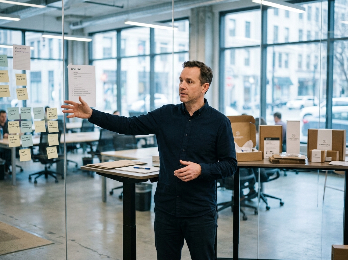 Homme analysant un brief photo et une liste de prises de vue dans un espace de coworking