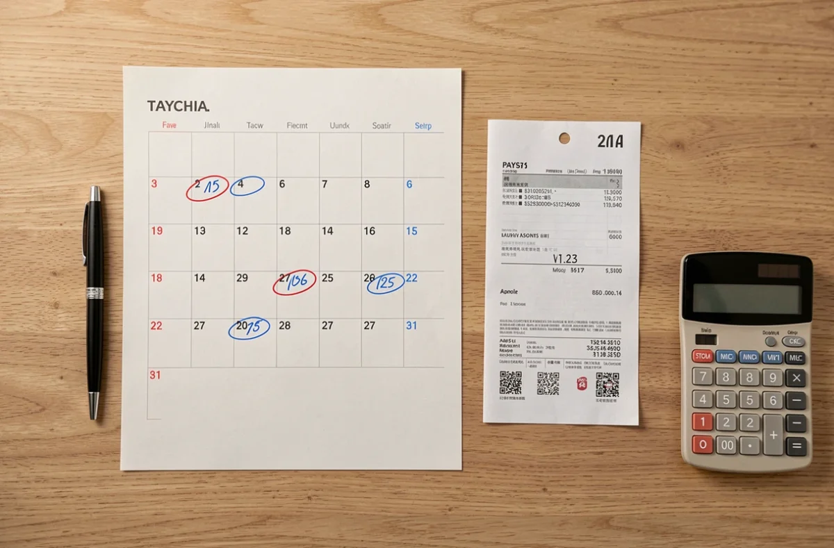 Vue aérienne d'un bureau avec calendrier annoté, fiche de paie et calculatrice illustrant le calcul des jours ouvrés et ouvrables
