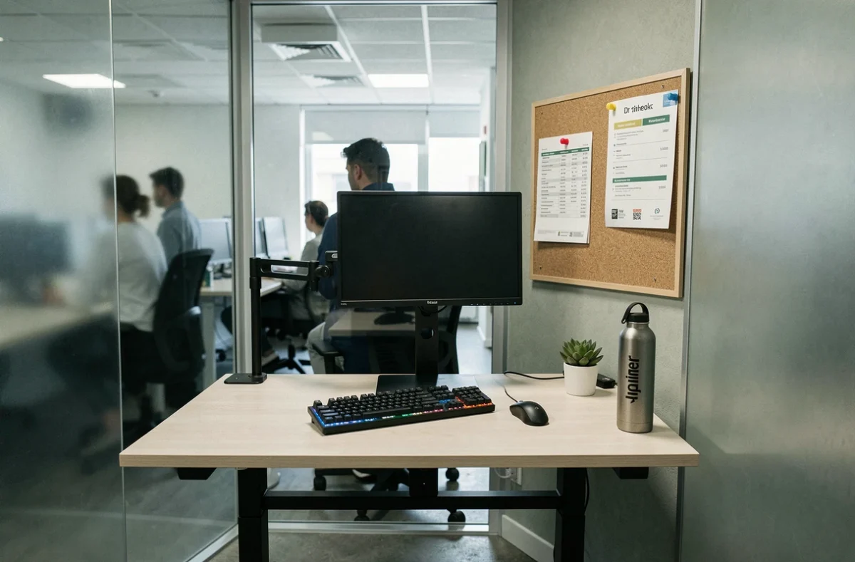 Bureau individuel dans un espace de coworking à Quimper avec affichage des tarifs et équipements professionnels
