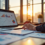 Espace de travail moderne au lever du soleil avec documents et graphiques