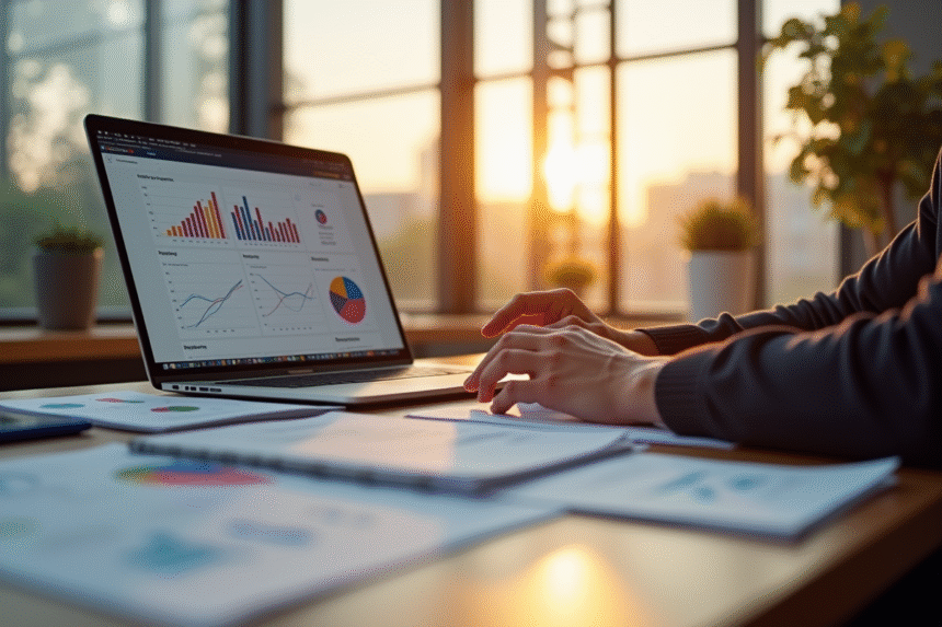 Espace de travail moderne au lever du soleil avec documents et graphiques