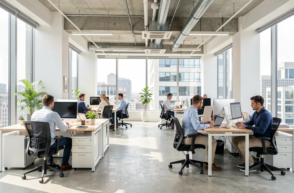 Bureaux ouverts d'une entreprise avec plusieurs équipes au travail
