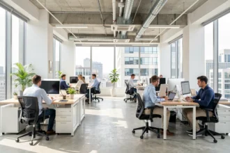 Bureaux ouverts d'une entreprise avec plusieurs équipes au travail