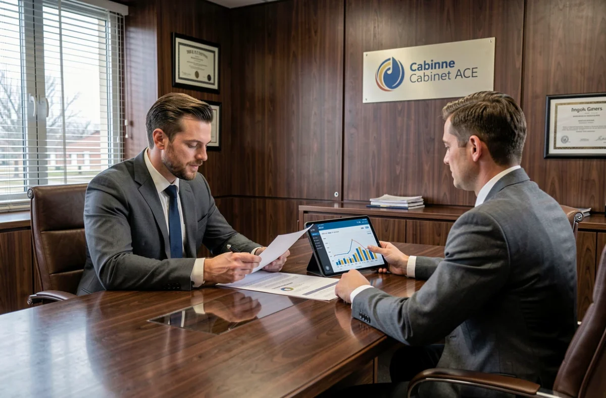 Réunion professionnelle au Cabinet ACE à Angers avec deux consultants examinant une stratégie digitale et des métriques SEO sur tablette