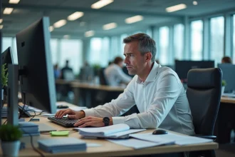 Cadre stressé submergé de travail à son bureau encombré, illustrant le principe de Peter et la promotion au-delà des compétences