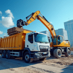 Camion moderne avec grue en action sur un chantier urbain