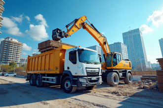 Camion moderne avec grue en action sur un chantier urbain