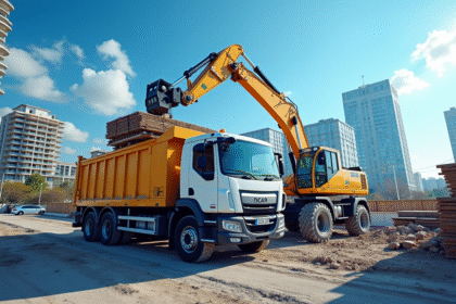 Camion moderne avec grue en action sur un chantier urbain
